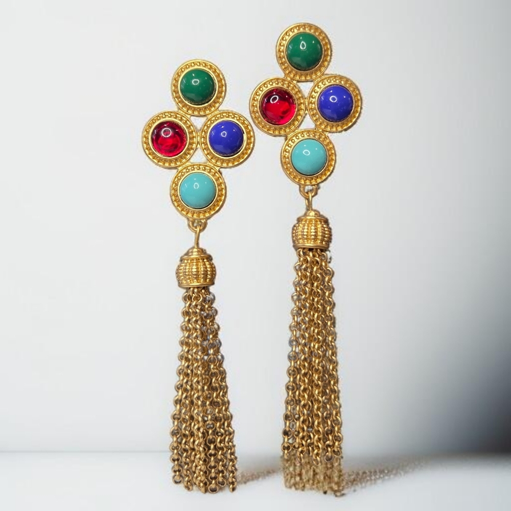 Etruscan Mogul Gold Glass Cabochon Long Chain Tassel Earrings